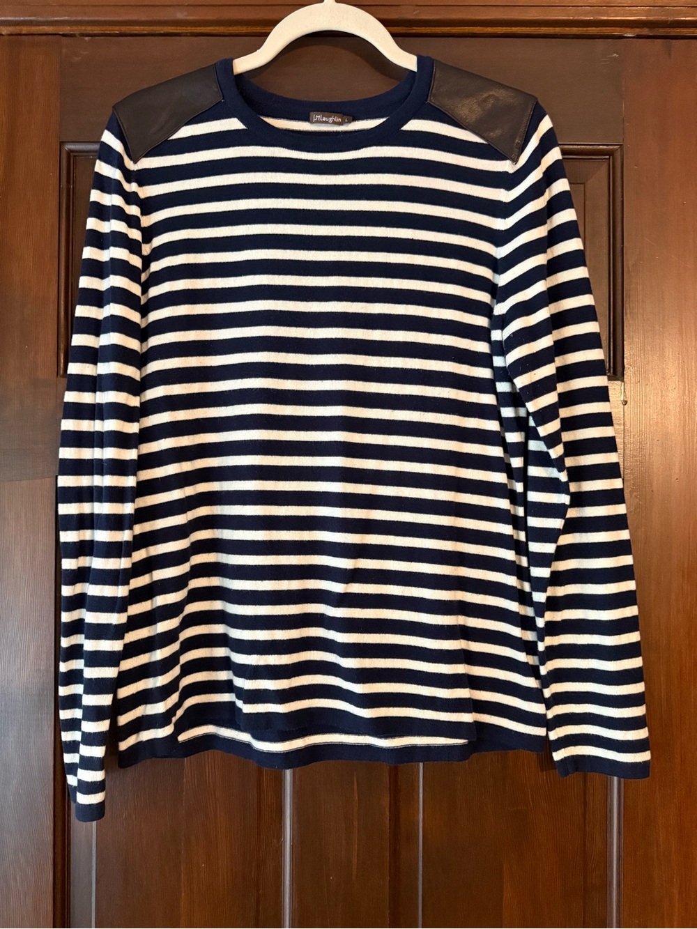 J. McLaughlin Navy and White Striped Long-Sleeve with Leather shoulder Panels